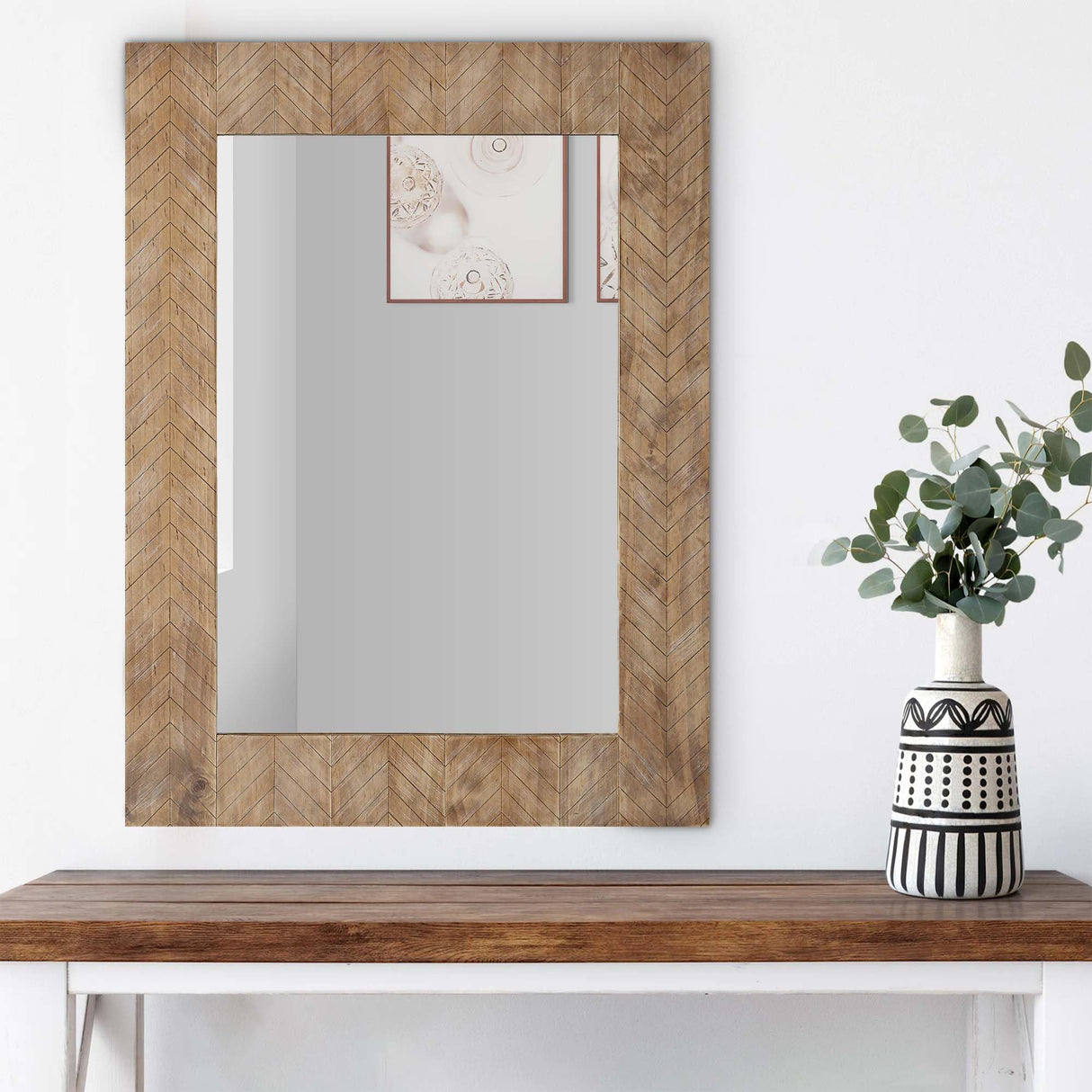 39 Inch Wood Frame Wall Mirror, Chevron Design