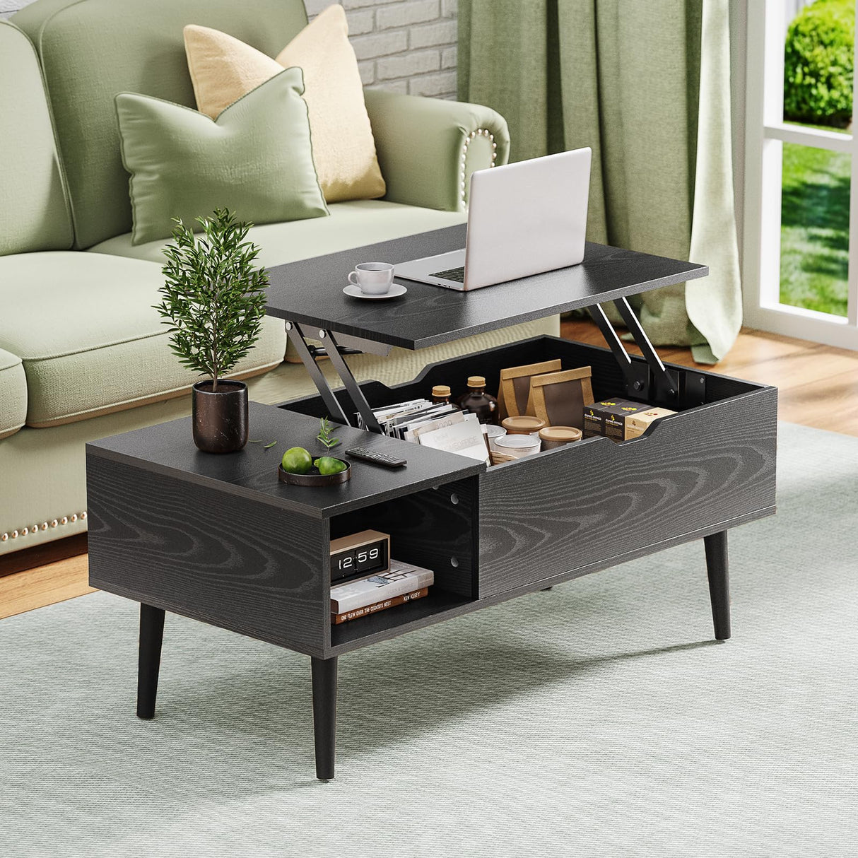 Modern Lift Top Coffee Table Wooden Furniture with Storage Shelf and Hidden Compartment