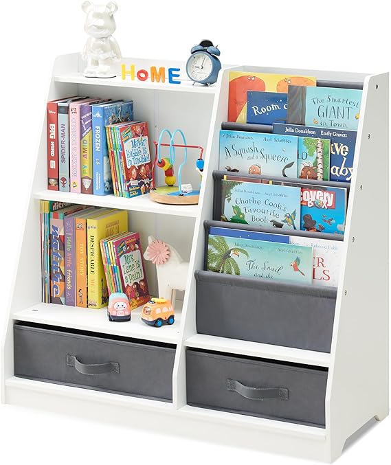 Kids Bookshelf with 2 Storage Boxes and 4 Sling Bookcase, Toddlers Book and Toy