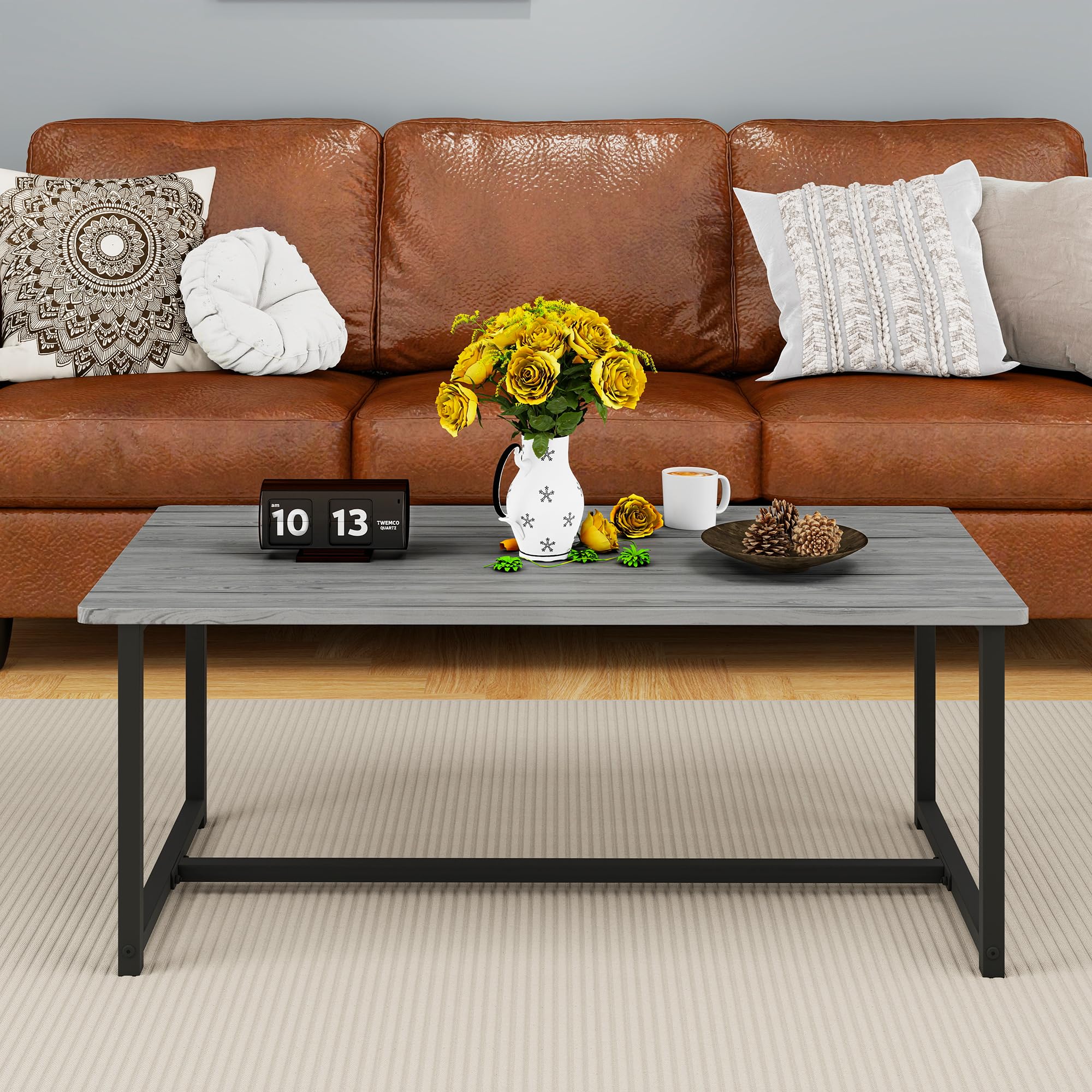 Industrial Coffee Table with Rectangle Wood and Stable Metal Frames