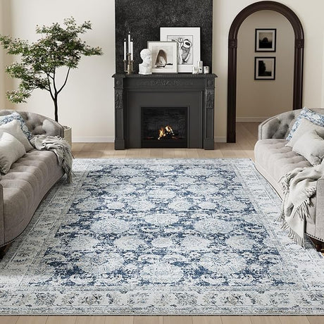 Rug 9x12 Washable Living Room Rug - Taupe Floral Print Vintage Large Rug Indoor