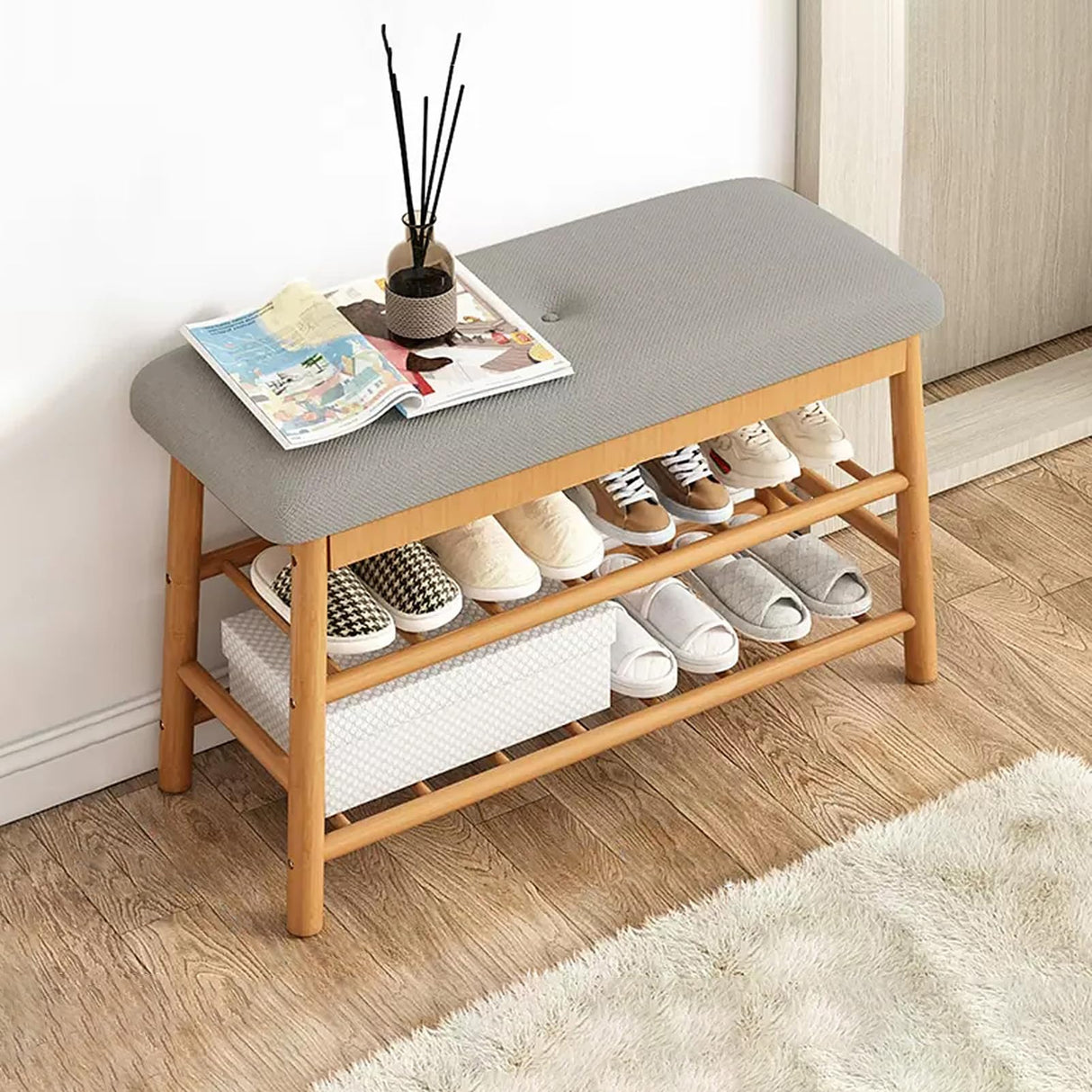 3-Tier Wood Entryway Shoe Rack Bench with Storage and Padded Seat, Shoe Storage