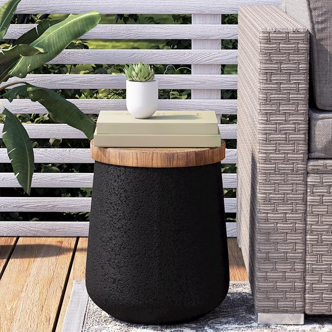 Drum End Table Cylinder Shaped Concrete Side Table Faux-Wood Top