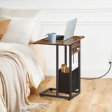 C Shaped Side Table with Charging Station, Foldable End Table with Fabric Bag