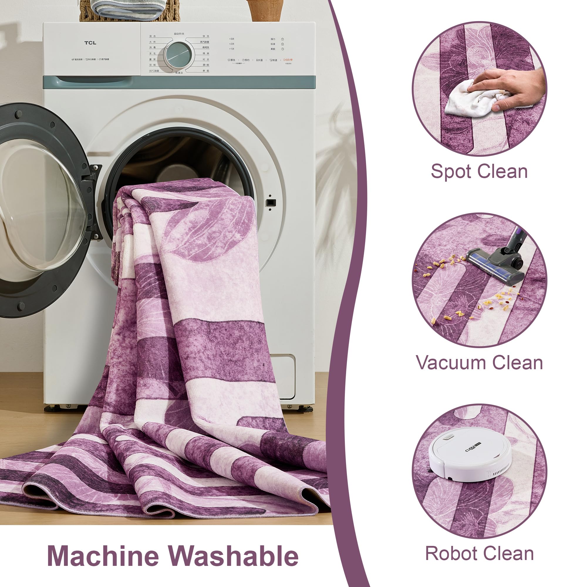 DSKOGYEM Abstract Modern Area Rug, Washable 10x14 Area Rugs with Non-Slip Backing, Ultra Thin Soft Wave Striped Rug for Living Room, Bedroom, Dining Room, Nursery (Purple/White)