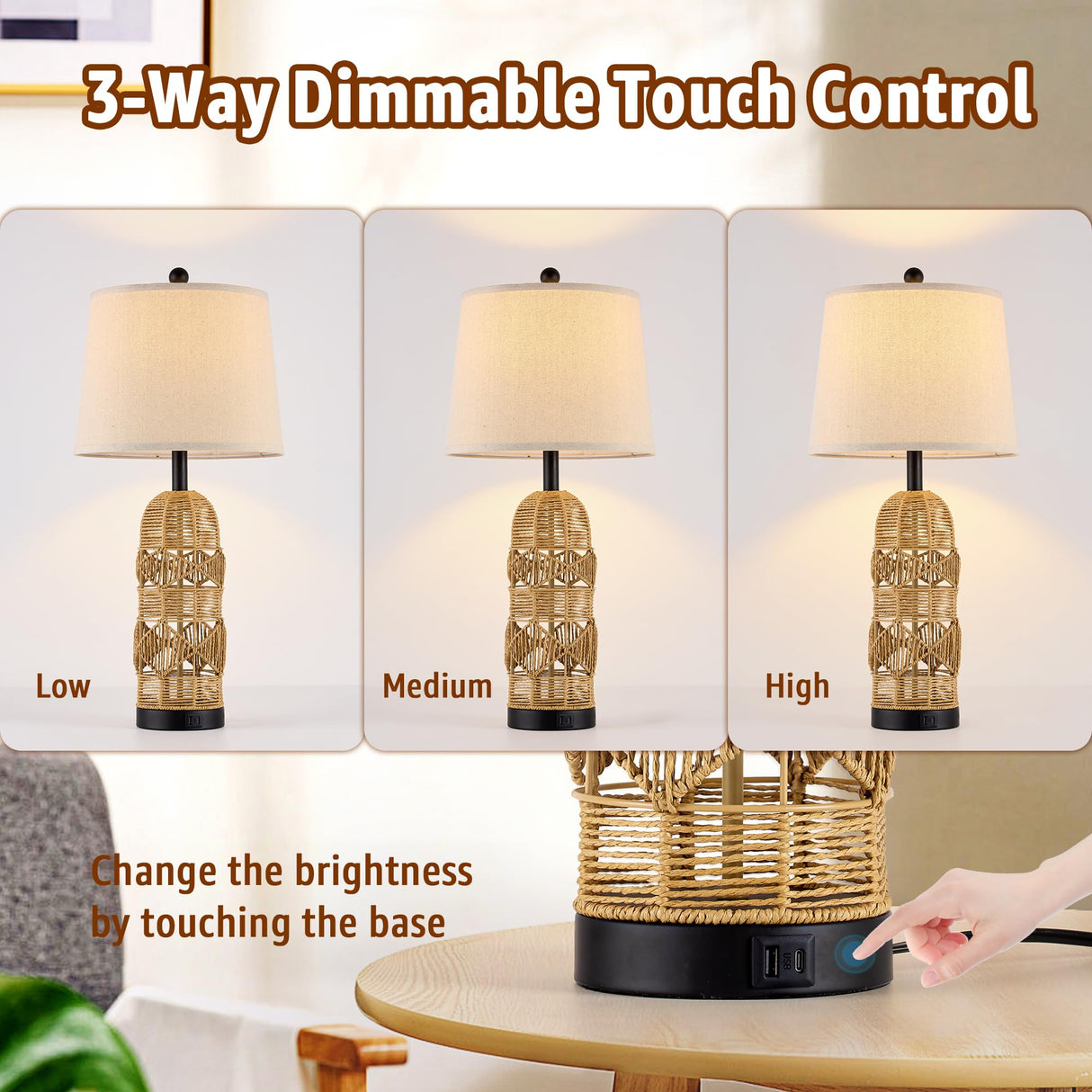 28.5" Rattan Table Lamps for Living Room, Touch Lamps for Bedrooms Set of 2, Night