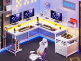 White L Shaped Gaming Desk, 66" Home Office Desk with File Drawer, Power Outlet and Led Lights