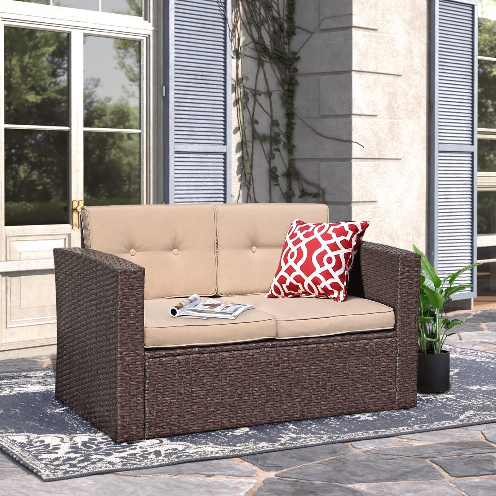 Outdoor Wicker Loveseat Patio Furniture, Rattan Corner Sofa Chair with Beige Cushions