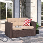 Outdoor Wicker Loveseat Patio Furniture, Rattan Corner Sofa Chair with Beige Cushions