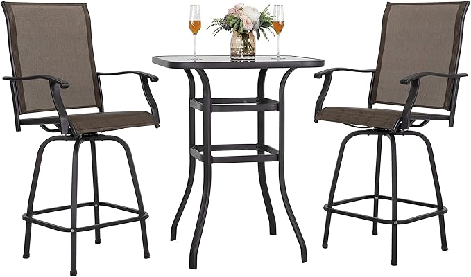3 Piece Outdoor Patio Bar Set, Patio Bar Furniture Set, Outdoor Tempered Glass Square Bar Table