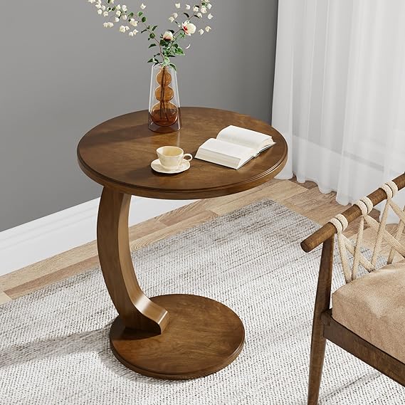 Round End Table, Wood C-Shaped Side Table, Small Couch Side Table