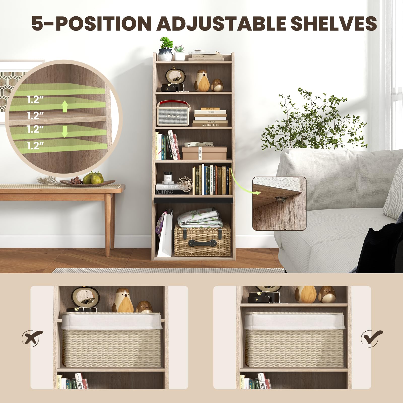 Tier Bookcase, Modern Bookshelf w/ 2 Adjustable Shelves & Flip-up Door, Wood Storage