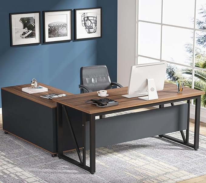 55 inches Executive Desk and 43" lateral File Cabinet, L-Shaped Computer Desk Home Office Furniture with Drawers and Storage Shelves, Office Table with Cabinet (Walnut, 55)