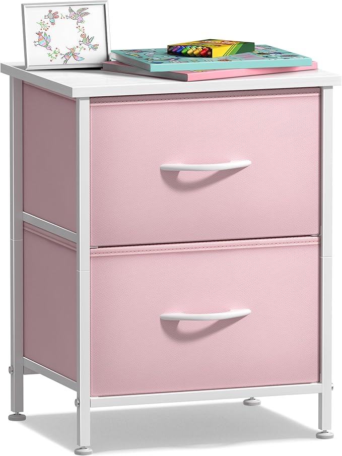 Nightstand with 2 Drawers - Kids Bedside Furniture End Table Night Stand - Steel Frame