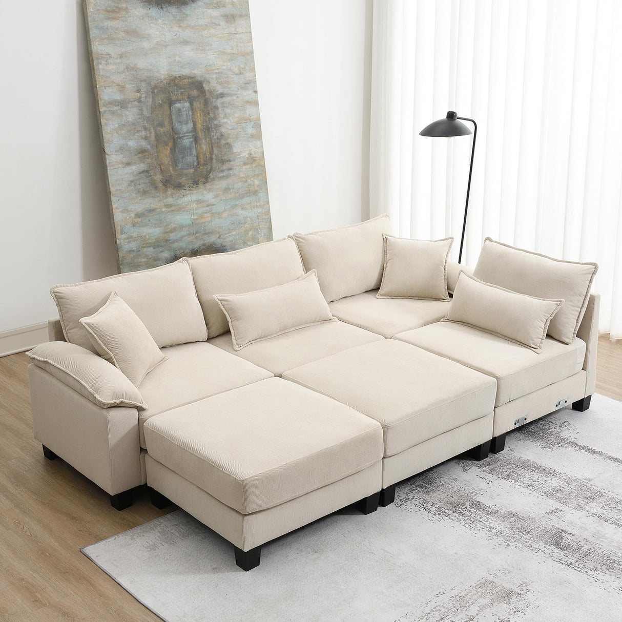 Wide Seat Corduroy Modular Sectional Sofa Bed, Oversize Indoor Furniture 6 Seat Free Combination Sleeper Couch Set with Ottomans and Armrest Pillow,Beige