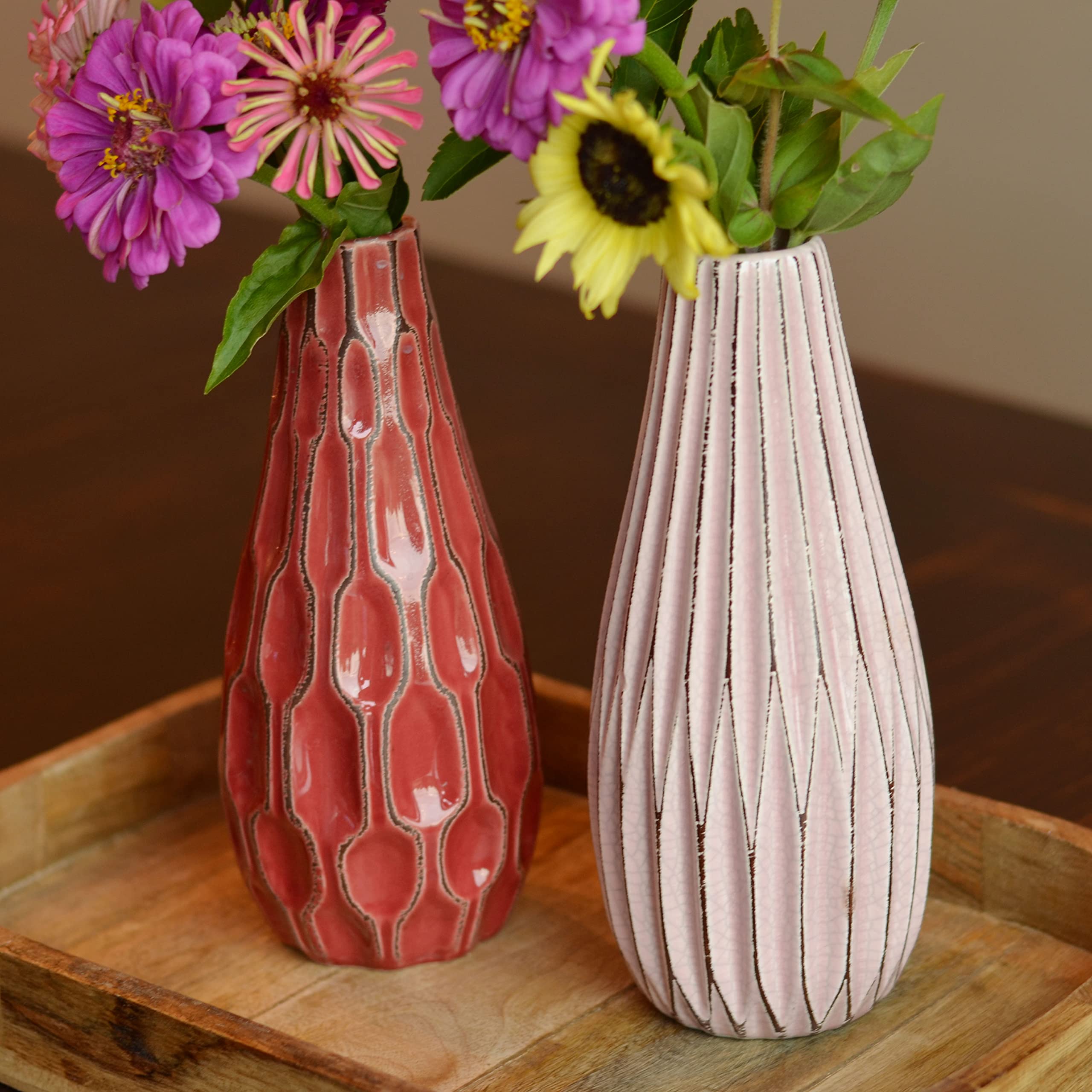 Iconic Scandi Vases, Set of 2, Fluted, Pink, Mauve and Dusty Rose, Crackle Suffused,