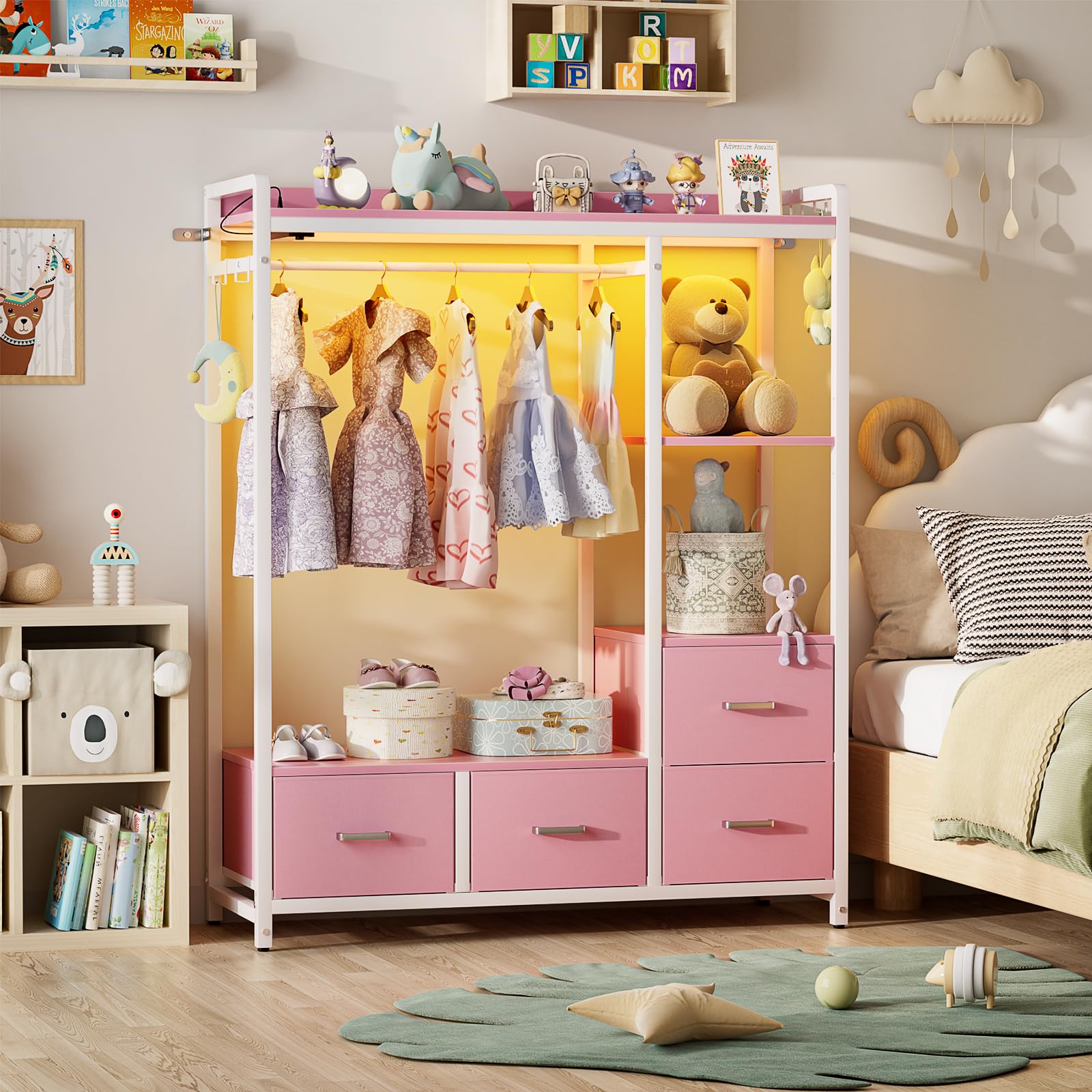 Hanger Rack, 4 Drawers Dresser for Bedroom with Power Outlet and LED Lights, Cute Dresser