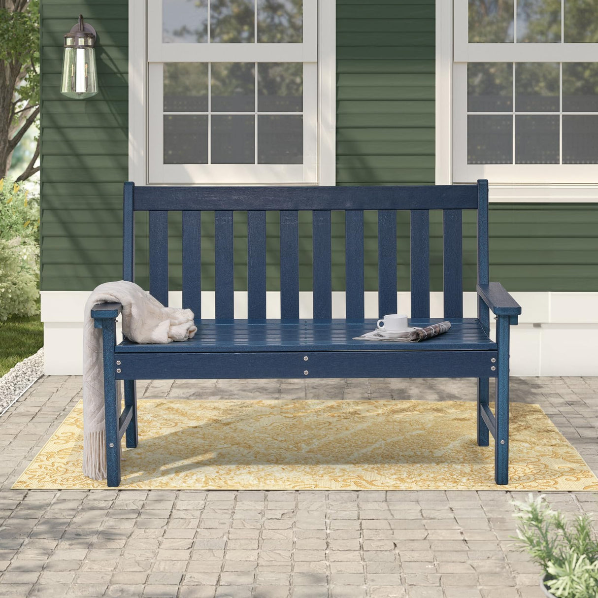 Outdoor Garden Bench, All Weather HDPE Patio Porch Bench with Faux Wood Grain Pattern