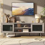 TV Stand for 75 Inch TV, 63” Entertainment Center with Sliding Doors, Rattan TV Console