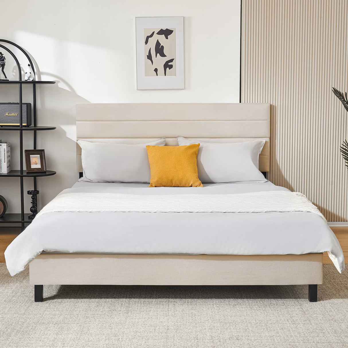 Queen Bed Frame, Modern Upholstered Bed Frame with Adjustable Linen Headboard