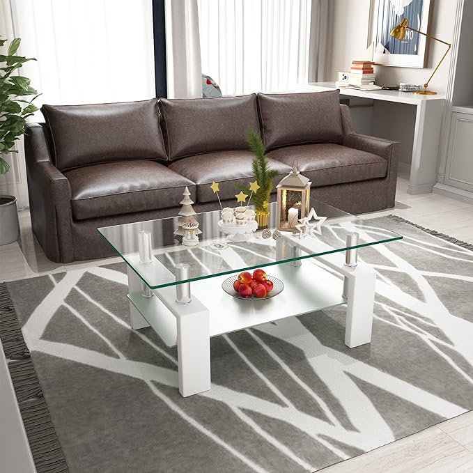 Glass Coffee Table for Living Room, Modern Coffee Table with Black Tempered Glass