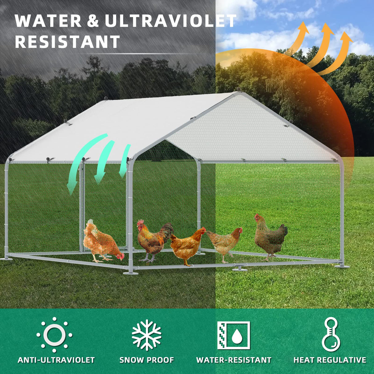 Large Outdoor Metal Chicken Coop with Waterproof Cover, Anti-UV and Lockable