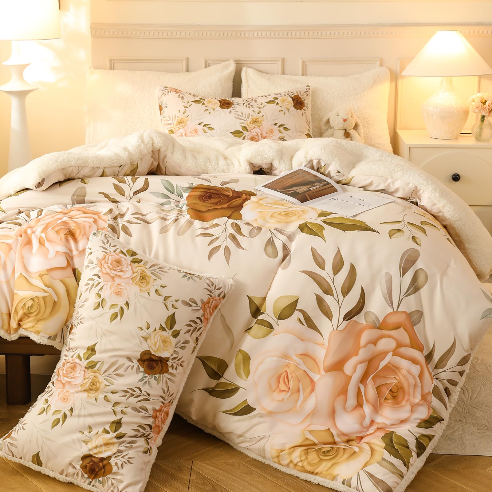 Floral Print Sherpa Comforter Set - Queen Size 3 Pieces Elegant Flowers Botanical Bedding Set Warm Cozy Beige 1 Quilt