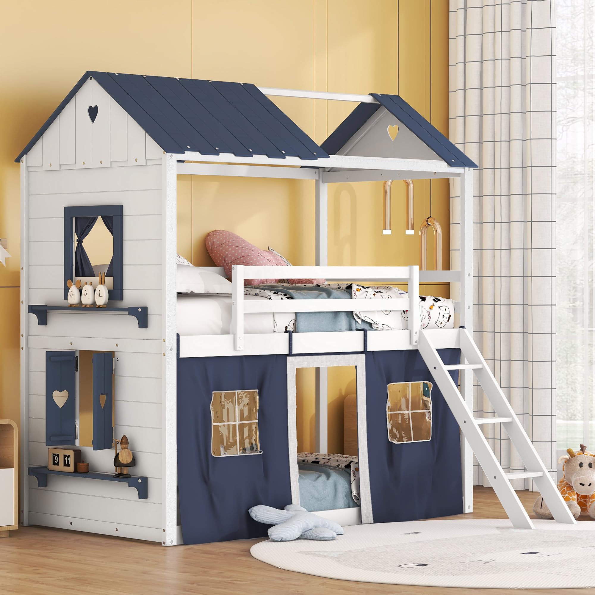 Twin Bunk Wood House Bed with Elegant Windows, Sills and Tent, Blue+White