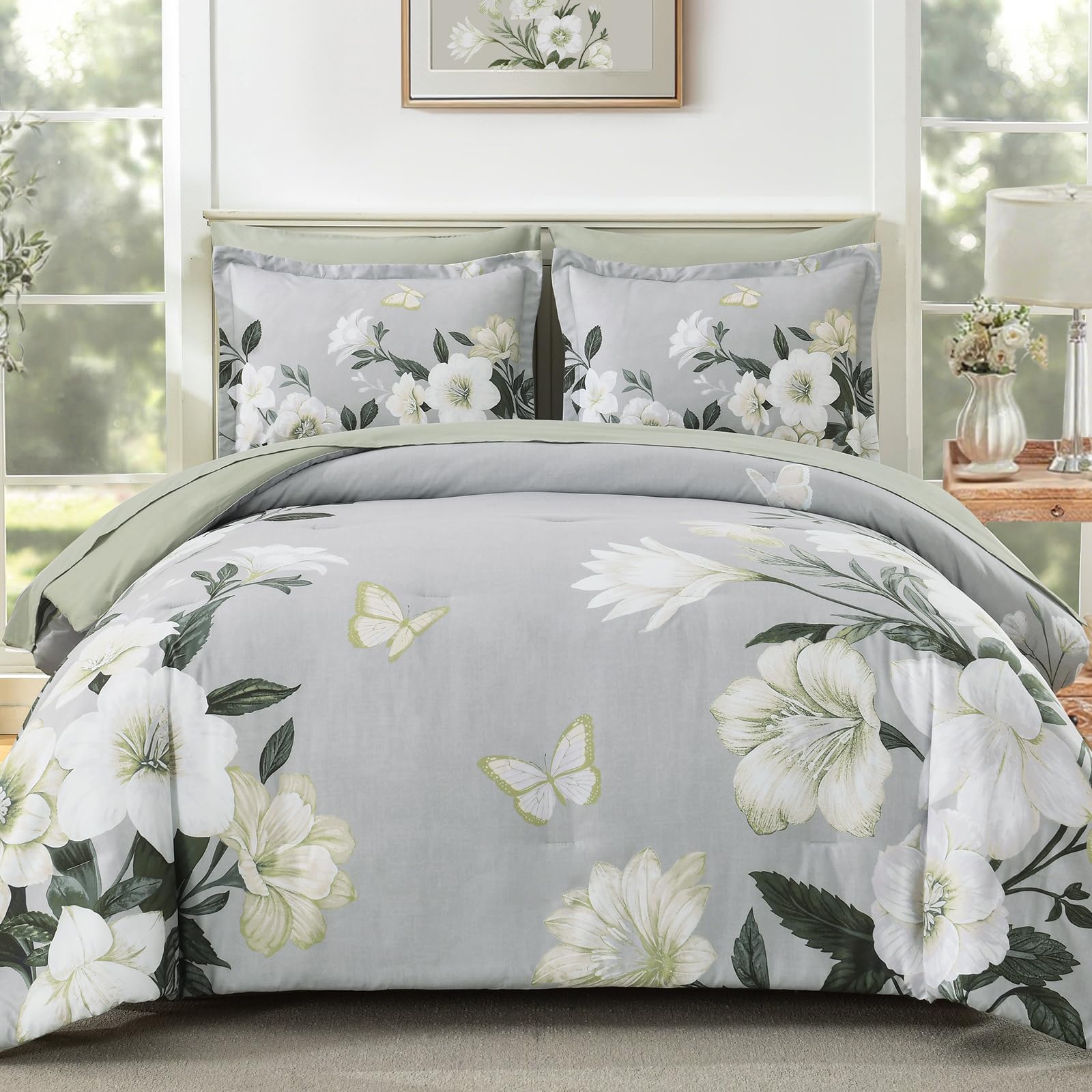 7-Piece King Comforter Set - Sage Green Floral