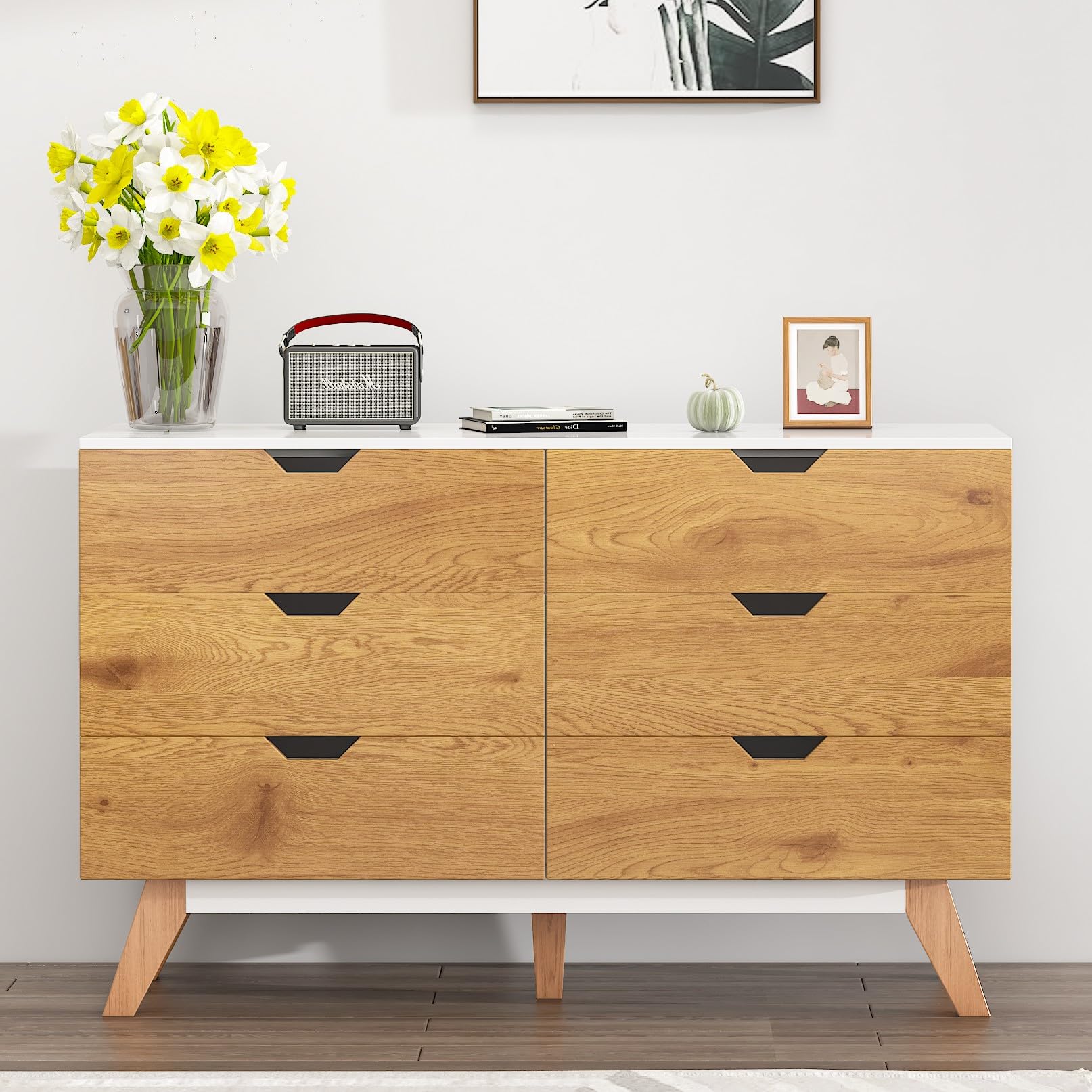 6 Drawer Dresser, Mid-Century Modern Dresser Wide 6 Chest of Drawers