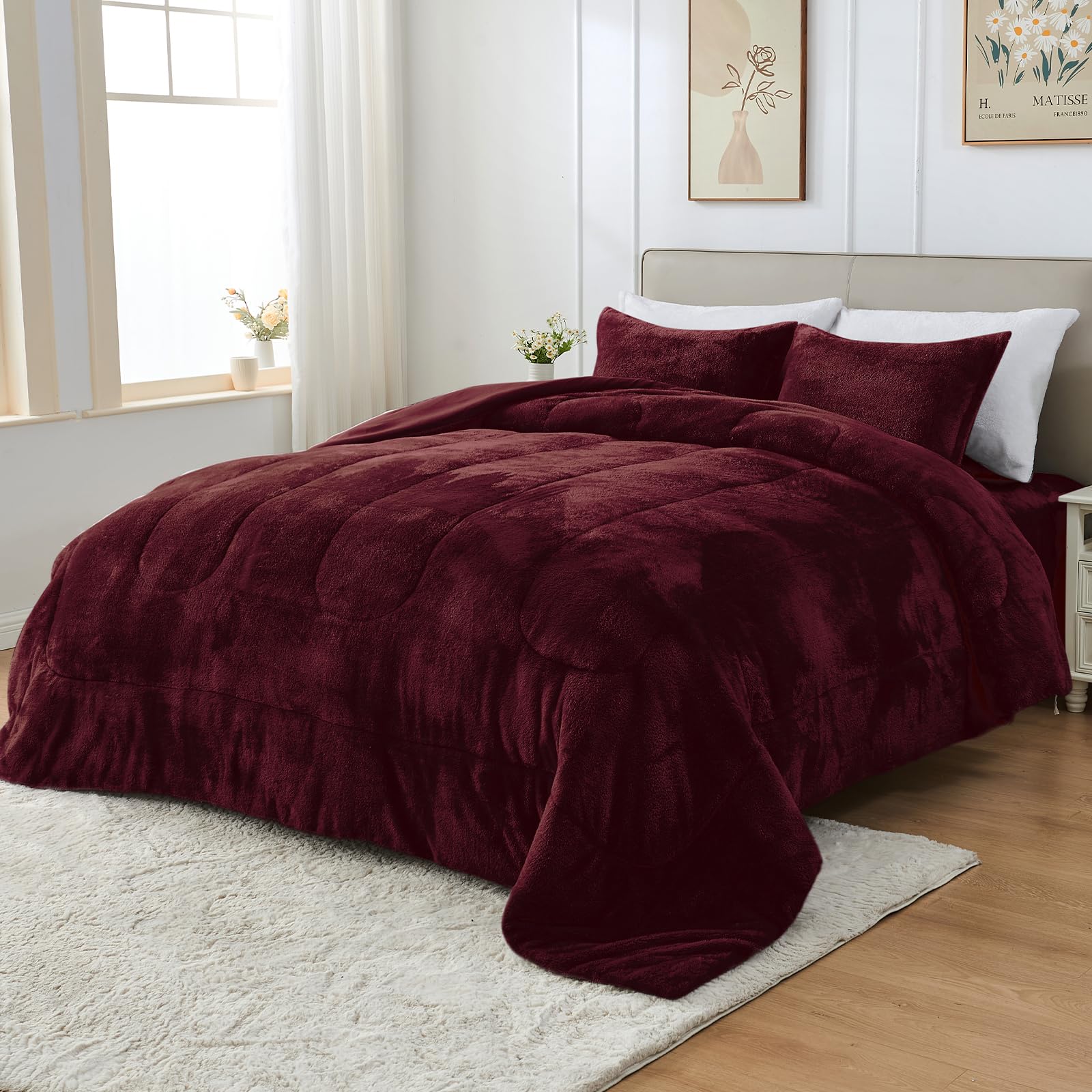 Faux Fur Comforter Set Queen Size with Fitted Sheet, Luxury Ultra Soft Fuzzy Comforter