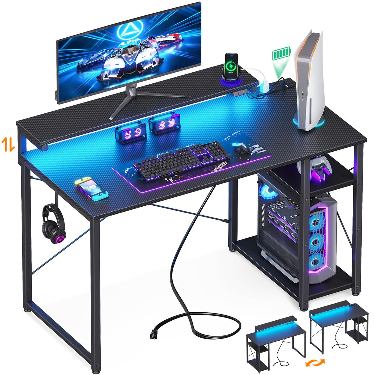Gaming Desk with Led Lights & Power Outlet, 40 Inch Small Gaming Computer Desk
