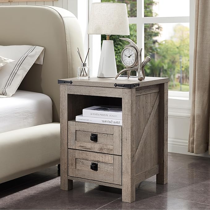 Farmhouse Nightstand with Charging Station, Rustic 18 Inch End Table with 2 Storage
