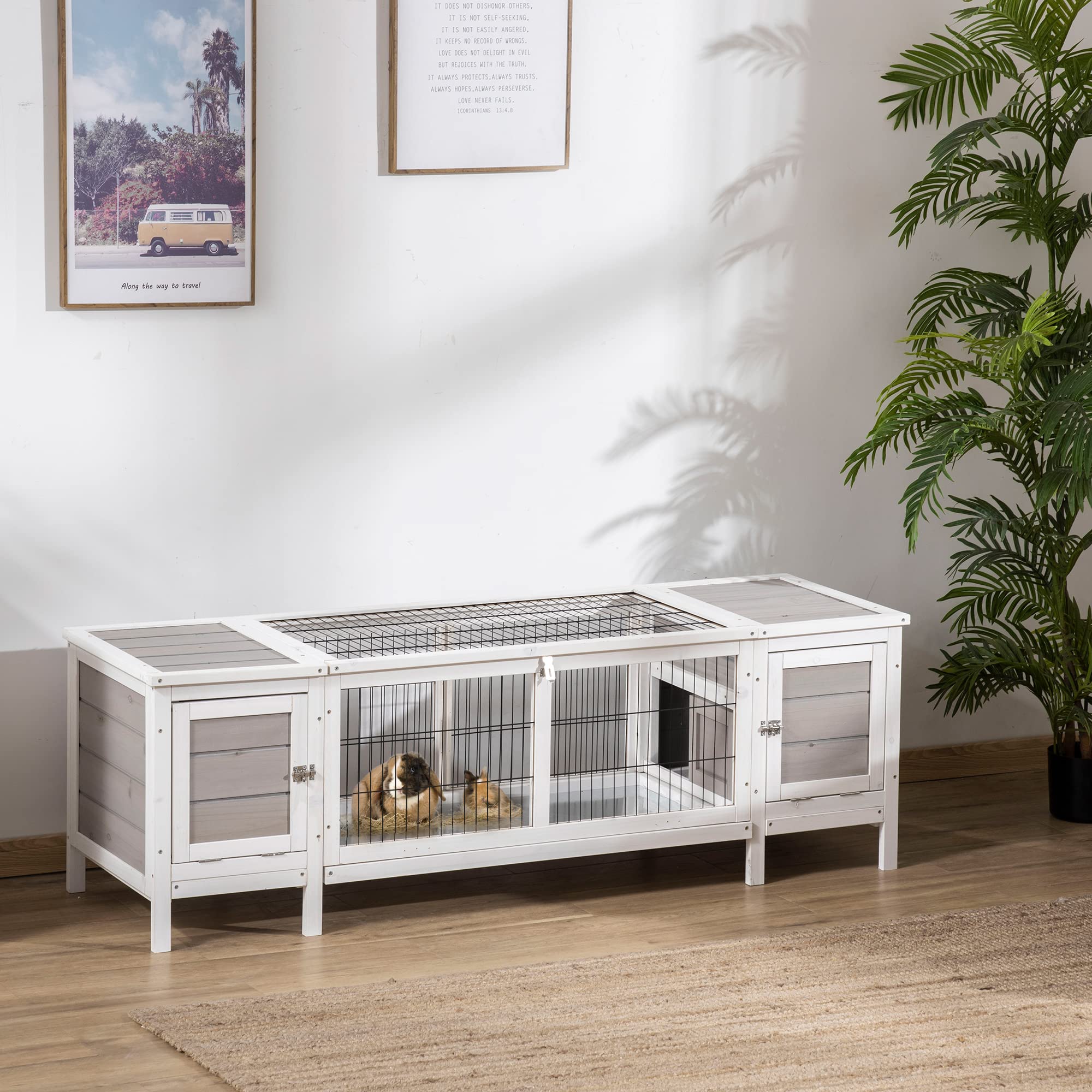 Rabbit Hutch, Bunny Cage, Guinea Pig House with Pull-Out Tray, and Divided Board