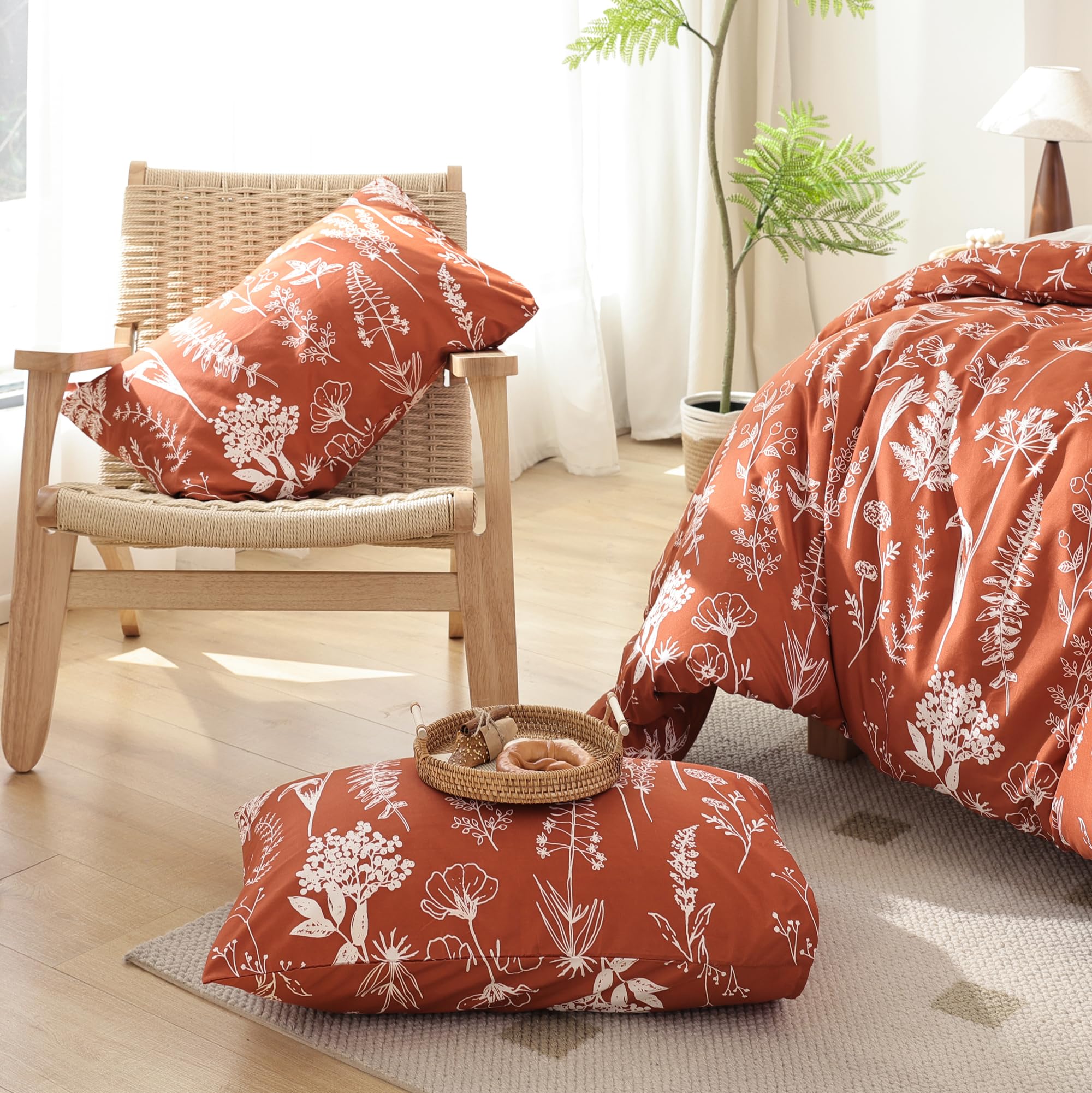 JANZAA Twin Comforter Set - Floral Twin Comforter, Twin Bedding Sets for All Seasons, 2 Pieces, 1 Comforter (66"x90") & 1 Pillow Cases (20"x26"), Terracotta