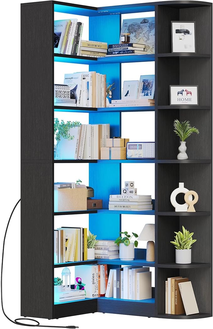 6 Tier Corner Bookshelf with LED Light, White Bookshelf L-Shaped Bookcase Storage