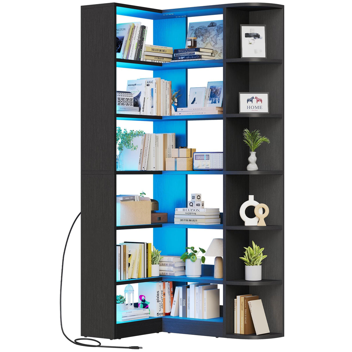 6 Tier Corner Bookshelf with LED Light, Black Bookshelf L-Shaped Bookcase Storage