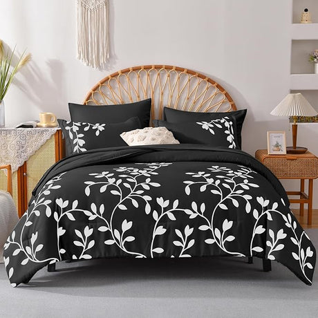 King Size Comforter Set - 7 Pieces White Floral Botanical Printed on Grey King Comforter