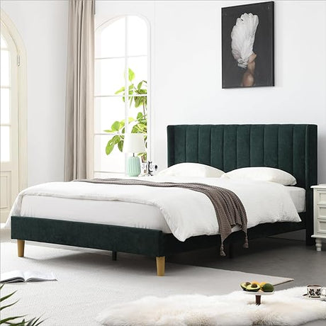 upholstered Platform Bed Frame/Queen Bed Frame/Modern Geometric Double-Wing