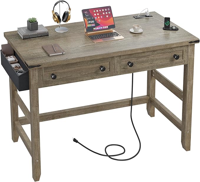 Small Computer Desk with 2 Wood Drawers & a Side Pocket, Small Desk for Bedroom with Power Outlets, Farmhouse Home Office Desks, 31.5" Writing Desk, Study Desk, Brown+White