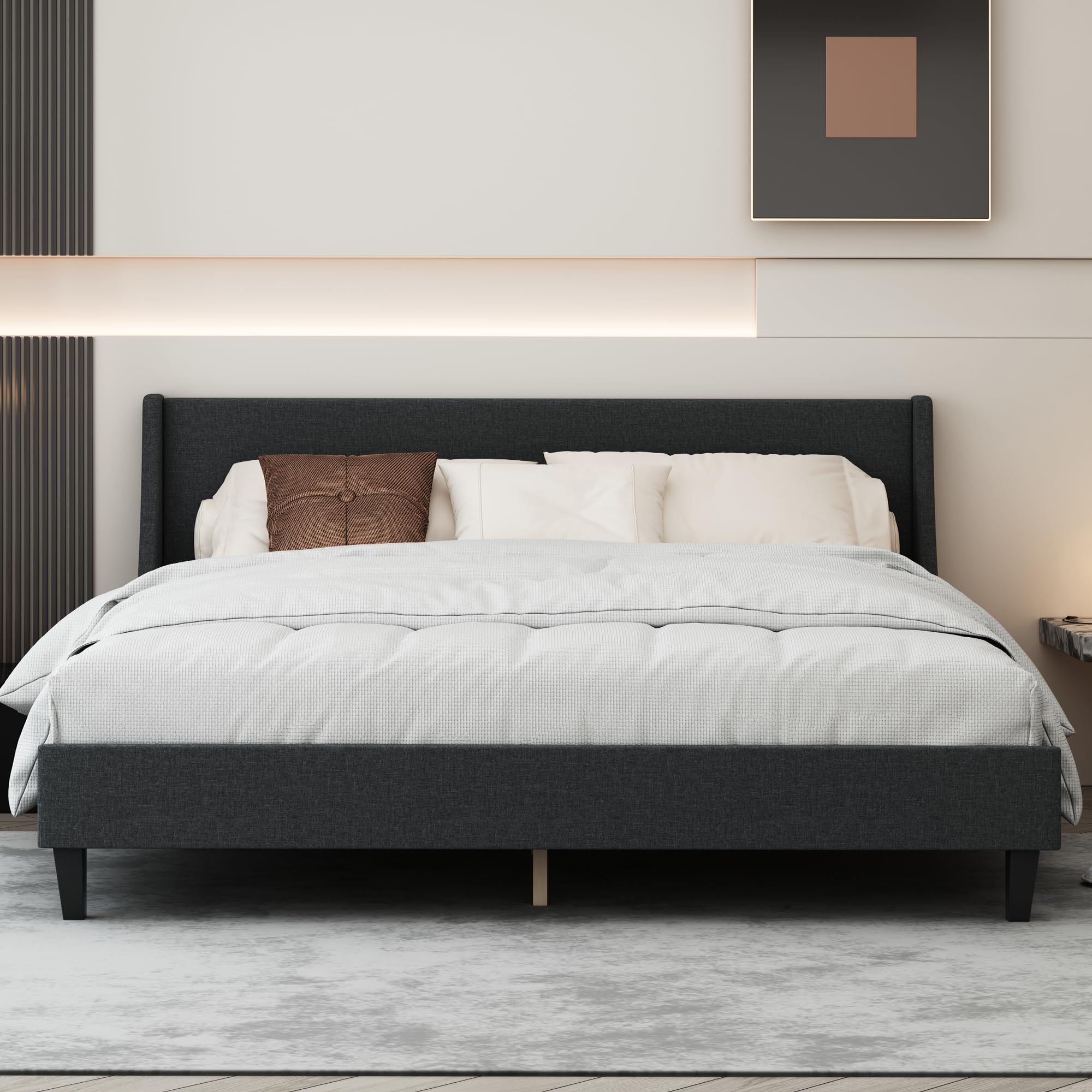 King Size Upholstered Platform Bed with Linen Fabric Adjustable Headboard