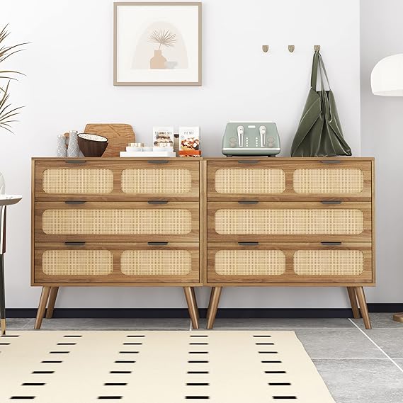 3 Drawer Dresser, Modern Rattan Dresser Chest with Wide Drawers and Metal Handles