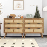 3 Drawer Dresser, Modern Rattan Dresser Chest with Wide Drawers and Metal Handles