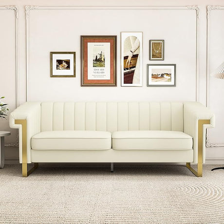 83'' Faux Leather Couch 3 Seater Sofa with Gold Metal Legs Comfy