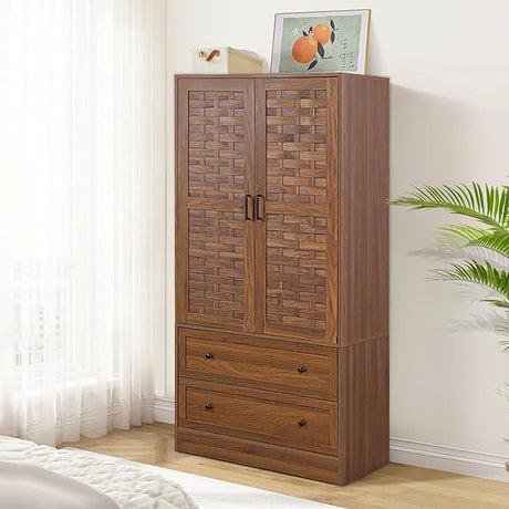 Armoire Wardrobe Closet with 2 Woven Doors, Wardrobe Cabinet