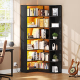 6 Tier Corner Bookshelf with LED Light, Black Bookshelf L-Shaped Bookcase Storage