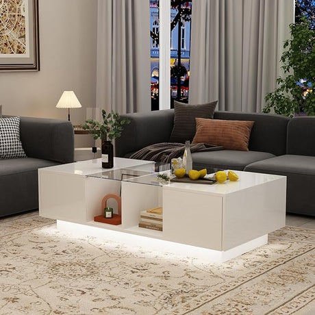 Modern Design Coffee Table with 4 Drawers & Metal Legs, Wood Center Table