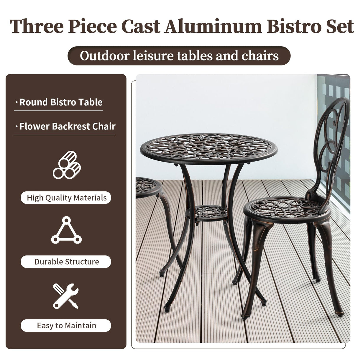 Outdoor Bistro Table and Chairs Set of 2 with Umbrella Hole, Cast Aluminum Bistro Set