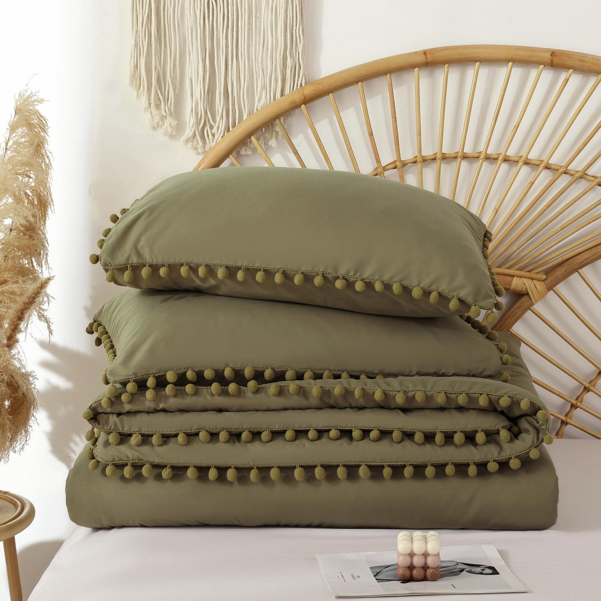 Queen Comforter Set - Comforter Queen Size Sets with Ball Pom Fringe