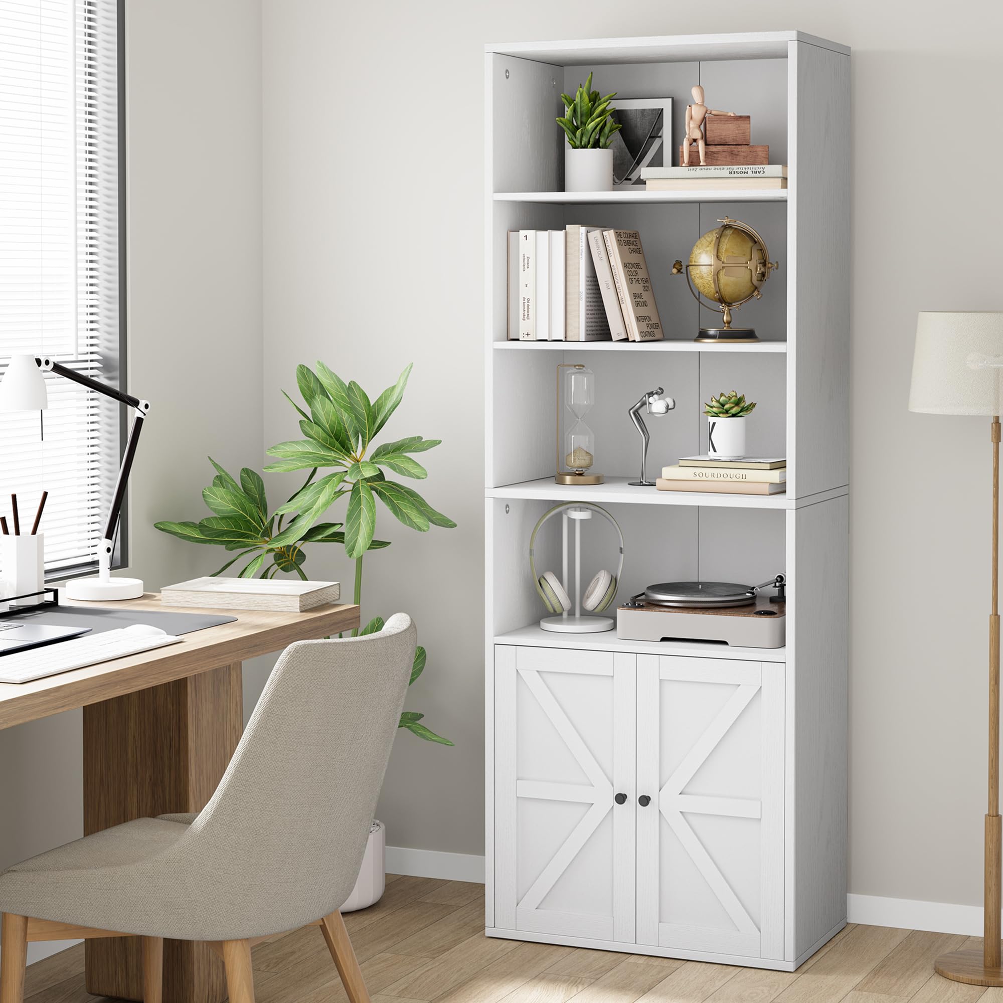 Bookcase with Doors Industrial Bookshelf 11.8in Depth Display Storage Shelves 71.4in